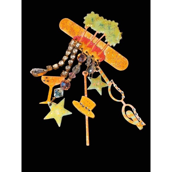 Hollywood Palm Tree Charm Dangle Jewel Gemstone Brooch Pin Martini - Picture 4 of 7